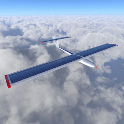 3D Animation, ein solarbetriebenes Flugzeug, das über den Wolken fliegt