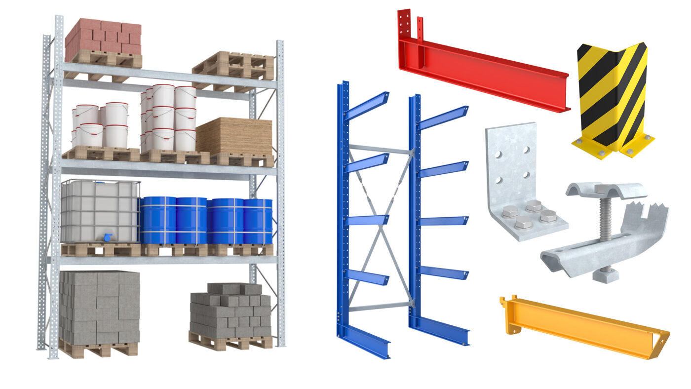 eine Gruppe von 3D Regalen und weiteren Produktvisualisationen