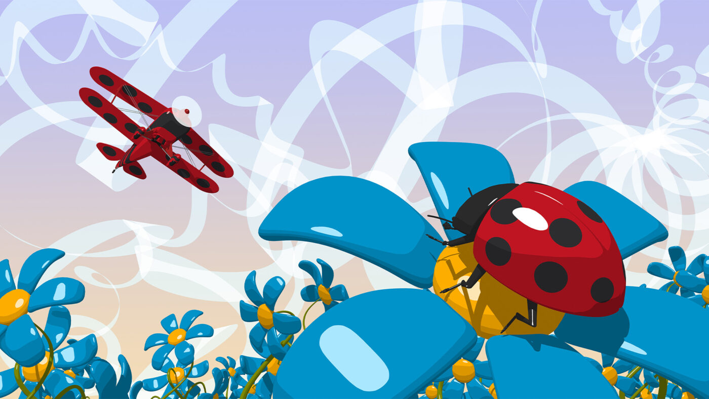 Cartoon Marienkäfer auf einer Blume. Im Hintergrund ein fliegender Doppeldecker.